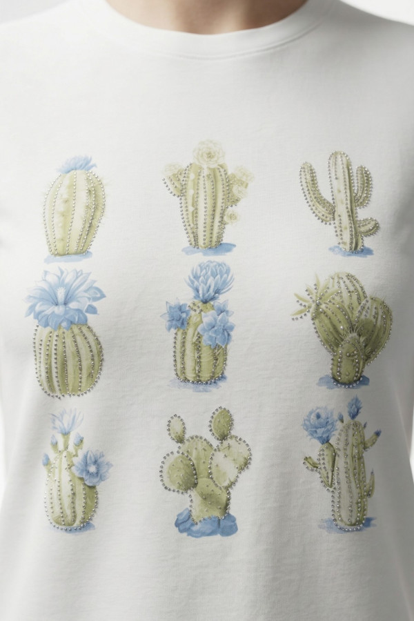 Γυναικείο t-shirt λευκό βαμβακερό με print σιελ κάκτους και στρας 26-100CA