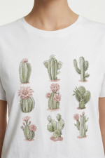 Γυναικείο t-shirt λευκό βαμβακερό με print ροζ κάκτους και στρας 26-100CA