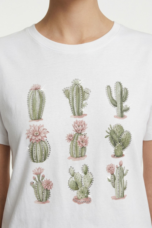Γυναικείο t-shirt λευκό βαμβακερό με print ροζ κάκτους και στρας 26-100CA