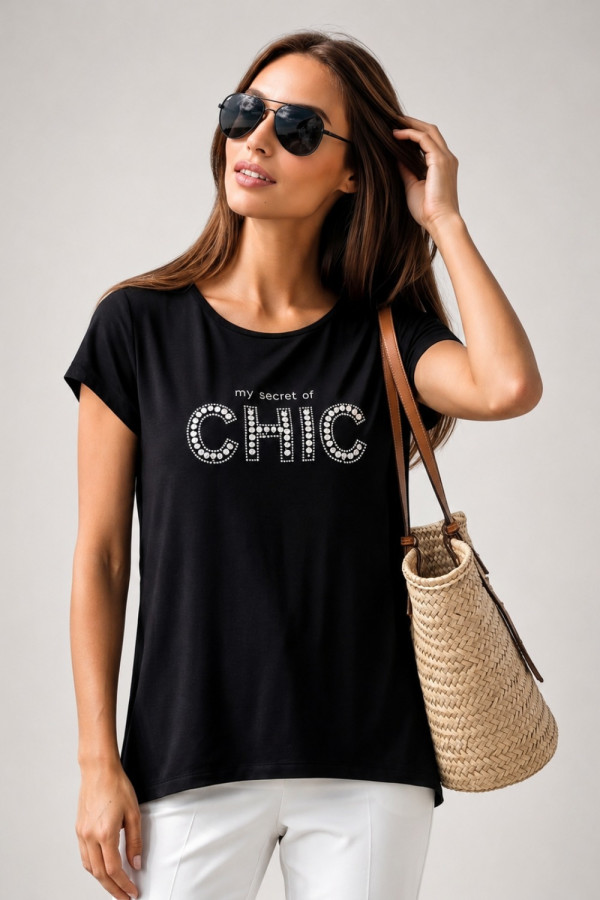 Γυναικείο T-Shirt Derpouli μαύρο με στρας CHIC print 1.10.87362 Γυναικείο T-Shirt Derpouli μαύρο με στρας CHIC print 1.10.87362