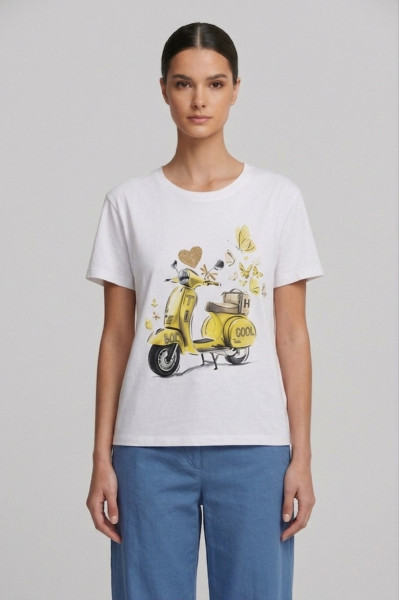 Γυναικείο t-shirt λευκό βαμβακερό με print μπανάνα scooter και butterflies 26-100VE