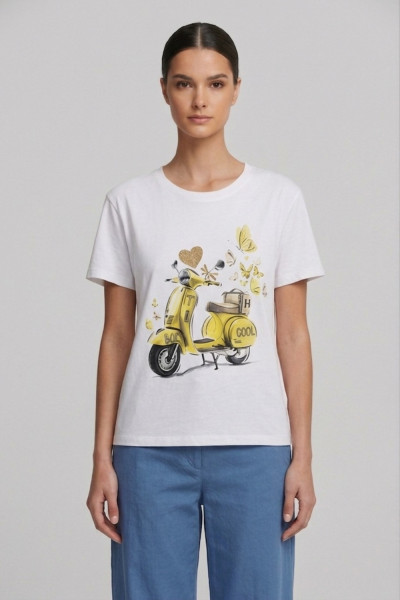 Γυναικείο t-shirt λευκό βαμβακερό με print μπανάνα scooter και butterflies 26-100VE