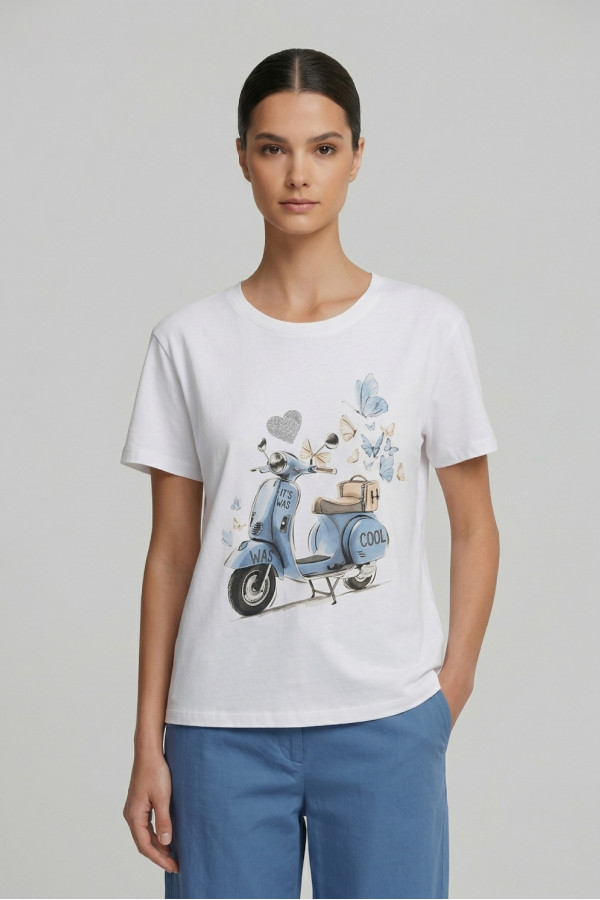 Γυναικείο t-shirt λευκό βαμβακερό με print σιελ scooter και butterflies 26-100VE