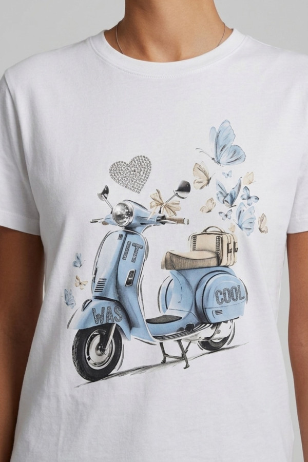 Γυναικείο t-shirt λευκό βαμβακερό με print σιελ scooter και butterflies 26-100VE
