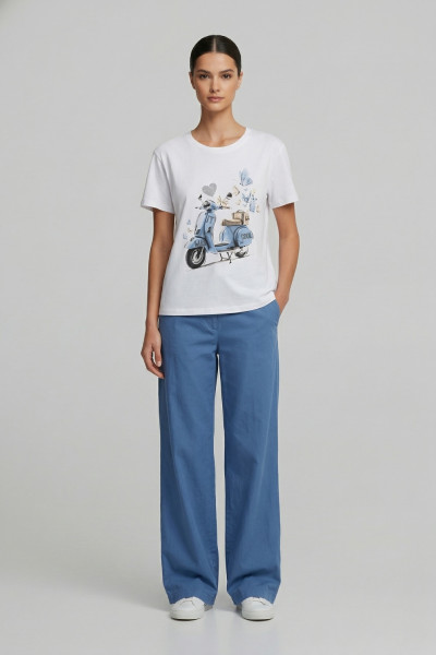 Γυναικείο t-shirt λευκό βαμβακερό με print σιελ scooter και butterflies 26-100VE