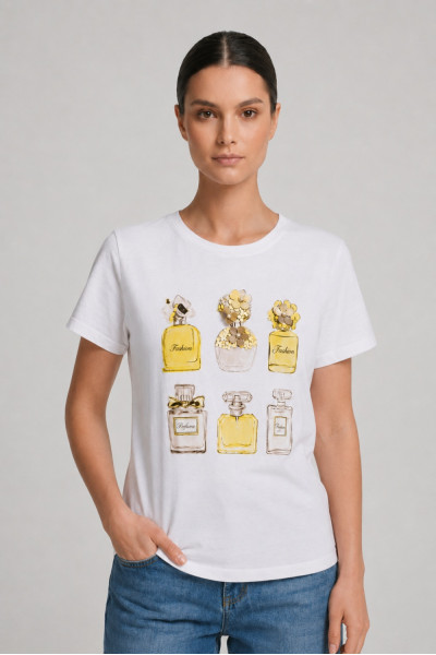 Γυναικείο t-shirt banana βαμβακερό με print μπεζ αρώματα και 3D λεπτομέρειες