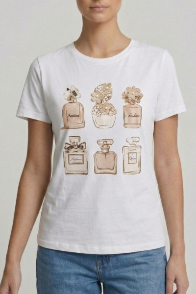 Γυναικείο t-shirt λευκό βαμβακερό με print μπεζ αρώματα και 3D λεπτομέρειες
