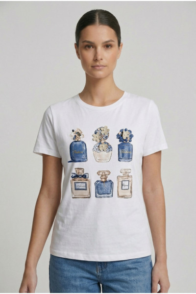 Γυναικείο t-shirt λευκό βαμβακερό με print μπλε αρώματα και 3D λεπτομέρειες