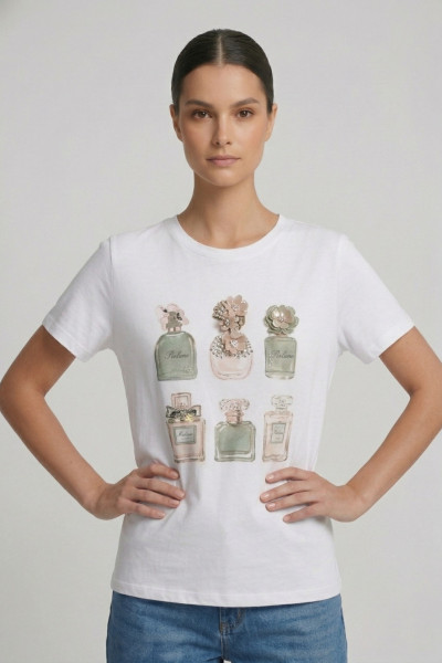 Γυναικείο t-shirt λευκό βαμβακερό με print χακί αρώματα και 3D λεπτομέρειες