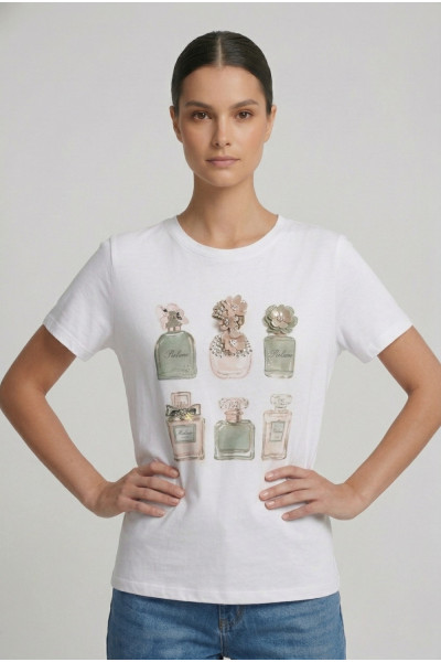 Γυναικείο t-shirt λευκό βαμβακερό με print χακί αρώματα και 3D λεπτομέρειες