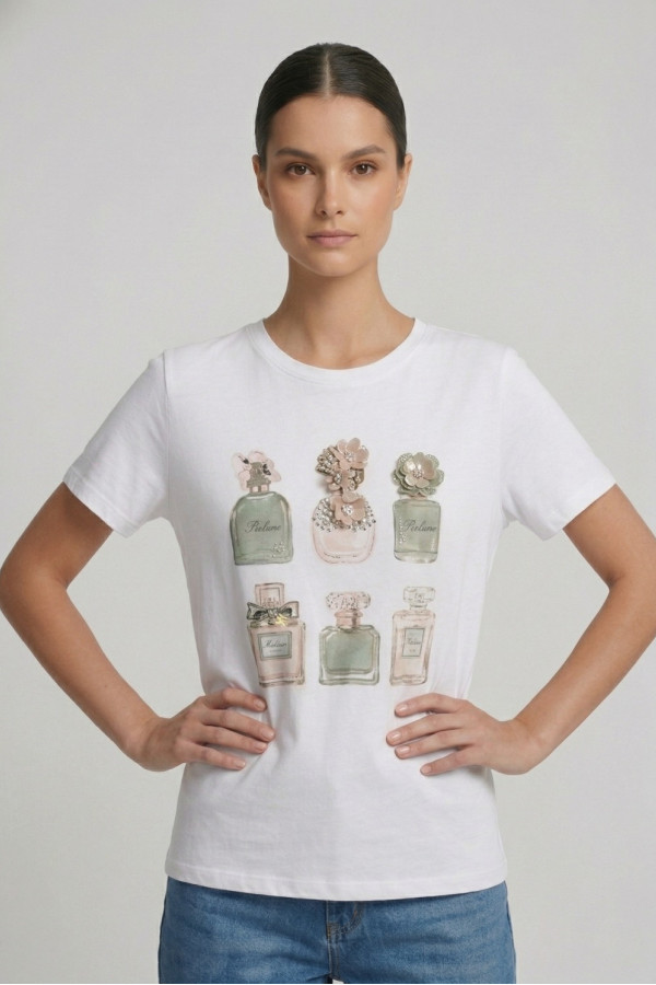 Γυναικείο t-shirt λευκό βαμβακερό με print χακί αρώματα και 3D λεπτομέρειες