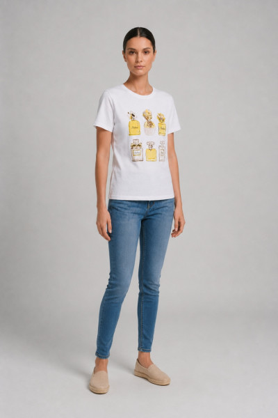 Γυναικείο t-shirt banana βαμβακερό με print μπεζ αρώματα και 3D λεπτομέρειες