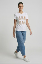 Γυναικείο t-shirt λευκό βαμβακερό με print μπεζ αρώματα και 3D λεπτομέρειες