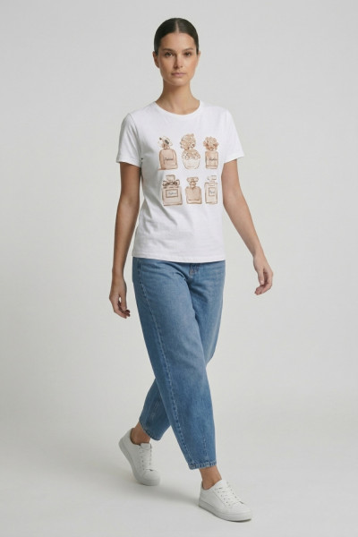 Γυναικείο t-shirt λευκό βαμβακερό με print μπεζ αρώματα και 3D λεπτομέρειες
