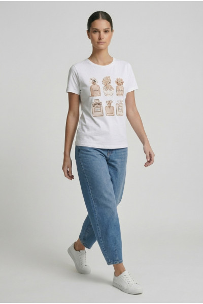 Γυναικείο t-shirt λευκό βαμβακερό με print μπεζ αρώματα και 3D λεπτομέρειες