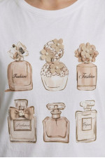 Γυναικείο t-shirt λευκό βαμβακερό με print μπεζ αρώματα και 3D λεπτομέρειες