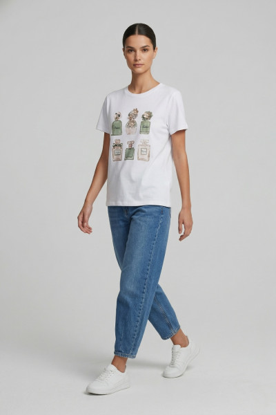 Γυναικείο t-shirt λευκό βαμβακερό με print χακί αρώματα και 3D λεπτομέρειες