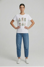 Γυναικείο t-shirt λευκό βαμβακερό με print χακί αρώματα και 3D λεπτομέρειες