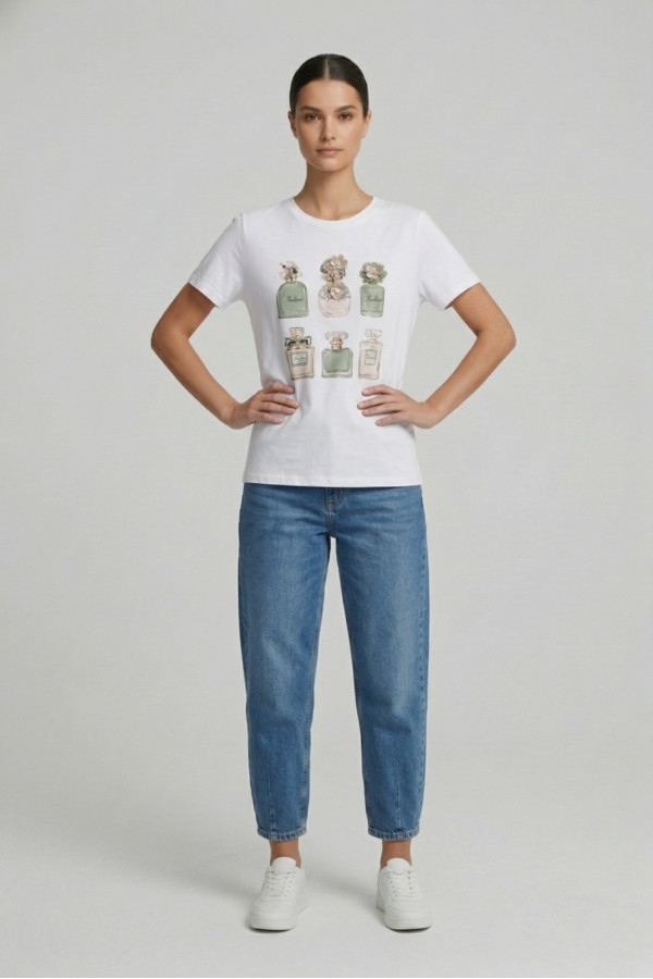 Γυναικείο t-shirt λευκό βαμβακερό με print χακί αρώματα και 3D λεπτομέρειες