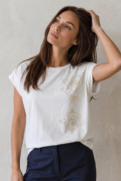 Γυναικεία μπλούζα Derpouli εκρού με floral strass 1.10.39-50896