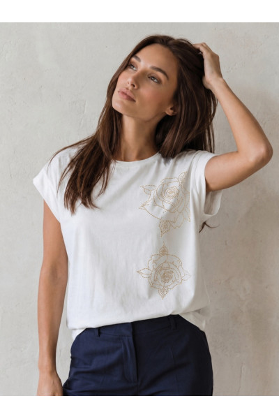 Γυναικεία μπλούζα Derpouli εκρού με floral strass 1.10.39-50896