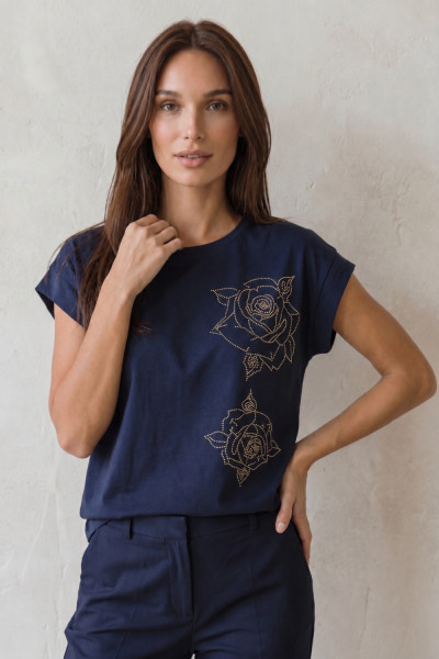 Γυναικεία μπλούζα Derpouli navy με floral strass 1.10.39-50896
