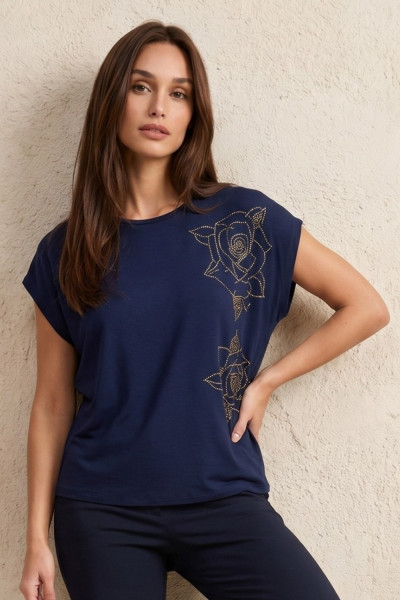 Γυναικεία μπλούζα Derpouli navy με floral strass 1.10.39-50896
