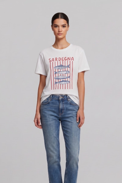 Γυναικείο T-shirt λευκό  βαμβακερό με sardegna print 26-0320375