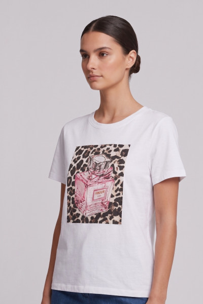 Γυναικείο t-shirt  λευκό με τύπωμα ροζ άρωμα και strass 26-100-BP