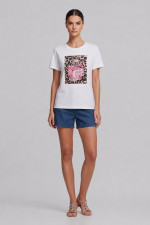 Γυναικείο t-shirt  λευκό με τύπωμα ροζ άρωμα και strass 26-100-BP
