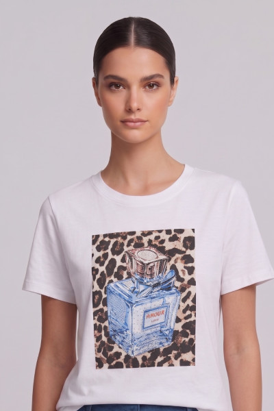Γυναικείο t-shirt  λευκό με τύπωμα σιελ άρωμα και strass 26-100-BP
