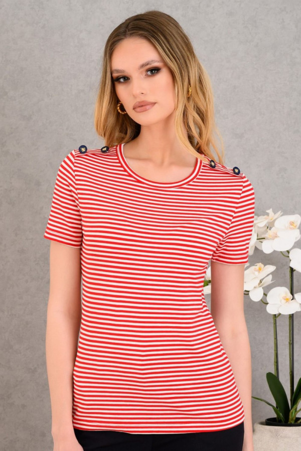 DERPOULI ΓΥΝΑΙΚΕΙΟ T-SHIRT ΡΙΓΕ ΜΕ ΚΟΥΜΠΙΑ ΚΟΚΚΙΝΟ 1.10.27322